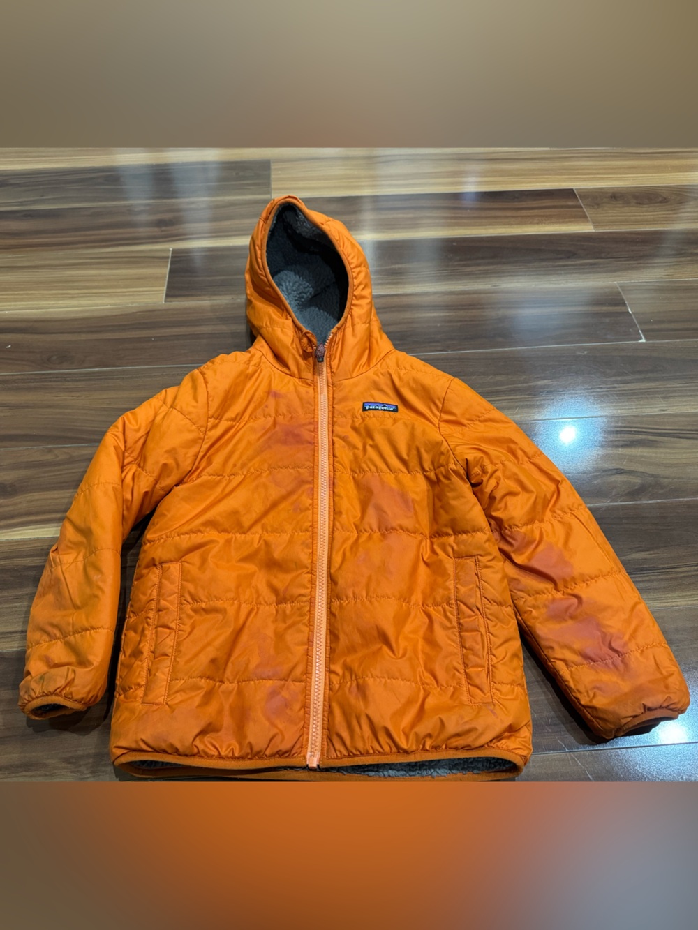 Patagonia Kids Orange Hooded Puffer Reversible Coat 7-8 y/o